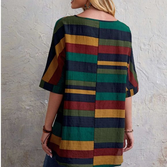 Color block Striped Print Half Sleeve Blouse - Picture 3 of 6